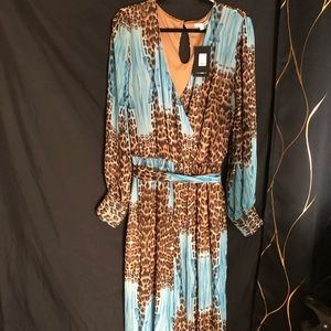 Aqua Blue/Leopard Print Bell Sleeve Jumpsuit